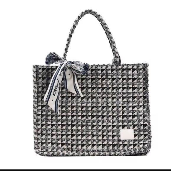 Fashion Tweed Tote Bag & Twilly 💙🤍🖤 - Picture 1 of 7